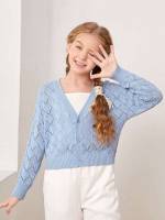 Baby Blue V neck Plain Casual Girls Cardigans 8536