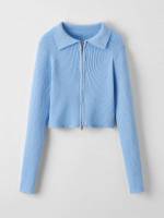 Plain Baby Blue Casual Collar Girls Cardigans 5837