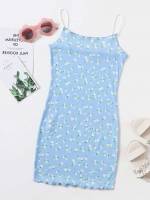 Short Lettuce Trim Spaghetti Strap Baby Blue Girls Dresses 930