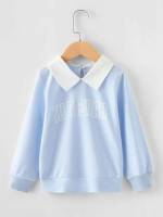 Letter Contrast Collar Baby Blue Long Sleeve Girls Sweatshirts 8351