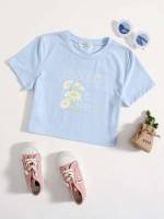 Round Neck Baby Blue Casual Floral Kids Clothing 7204