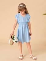  V neck Knee Length Cap Sleeve Girls Dresses 2310