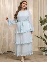 Baby Blue Long Sleeve Belted Romantic Women Plus Clothing 179