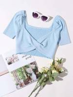 Short Sleeve Crop Plain Women Knit Tops 3954