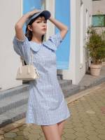 Plaid Short Sleeve Regular Fit Baby Blue Women Clothing 372