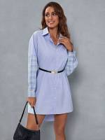 Long Sleeve Collar Baby Blue Asymmetrical Women Tops, Blouses  Tee 829