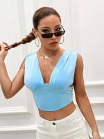 Deep V Neck Casual Baby Blue Plain Women Tops, Blouses  Tee 723