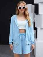 Letter Baby Blue Drawstring Casual Women Sweatshirts 6352