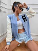 Regular Baby Blue Patched Letter Women Outerwear 3648