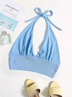 Baby Blue Tie Back Casual Crop Women Knit Tops 203