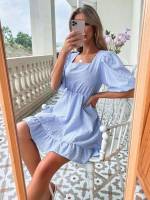 Ruffle Hem Baby Blue Short Square Neck Women Dresses 606