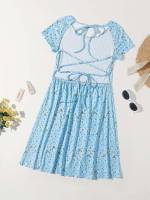 Baby Blue Short Round Neck Women Dresses 9931