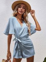 Plain Short Wrap Women Jumpsuits 5657