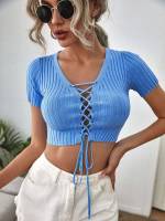 Casual Slim Fit Short Sleeve Baby Blue Women Knitwear 1405