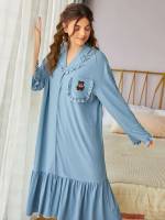 Lapel Cartoon Embroidery Women Nightgowns  Sleepshirts 7258