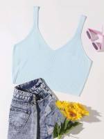 Baby Blue Sleeveless Crop Casual Women Plus Clothing 7745