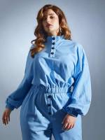 Baby Blue Casual Regular Button Front Plus Size Sweatshirts 467