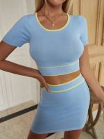 Round Neck Baby Blue Casual Women Knitwear 2135