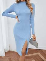  Baby Blue Plain Midi Women Knitwear 374