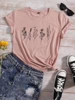 Baby Blue Short Sleeve Floral Regular Fit Women T-Shirts 557