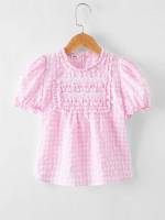 Regular Gingham Round Neck Contrast Lace Girls Clothing 585