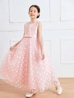 Baby Pink Maxi Contrast Mesh Polka Dot Kids Clothing 8196