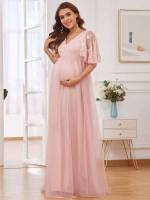 Embroidery Regular Fit Short Sleeve V neck Maternity 1145