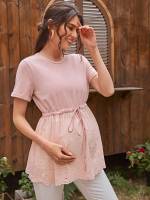 Short Sleeve Round Neck Plain Drawstring Maternity T-shirts 6950