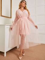 Belted Baby Pink V neck Women Plus Clothing 6086