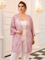 Contrast Sequin Three Quarter Length Sleeve Regular Fit Plus Size Kimonos 1702