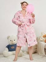 Hooded  Baby Pink Plus Size Robes  Robe Sets 6085