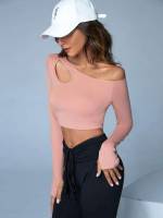 Cut Out Plain Long Sleeve Asymmetrical Neck Sports 7642