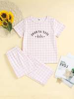 Gingham Cute Round Neck Baby Pink Girls Loungewear 620