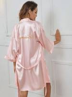 Simple Baby Pink Letter Belted Women Sleepwear 8496