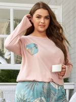 Casual Round Neck Tropical Plus Size Sleep Tops 4879