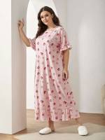 Ruffle Hem Half Sleeve Round Neck Plus Size Nightgowns  Sleepshirts 951