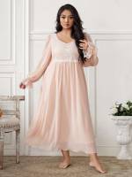 Plain Baby Pink V neck Plus Size Nightgowns  Sleepshirts 3460