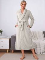 Long Sleeve Plain Belted Women Sleep  Lounge 6944