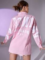 Oversized Baby Pink Button Front Letter Women Tops, Blouses  Tee 122