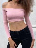 Baby Pink Slim Fit Off the Shoulder Plain Women Clothing 8559