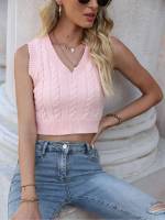 Baby Pink Regular Fit V neck Crop Women Knitwear 381