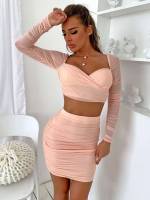 Baby Pink Plain Elegant Wrap Women Two-piece Outfits 5205