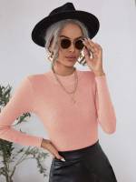 Baby Pink Rib-Knit Stand Collar Women Knitwear 3914