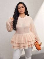 Baby Pink Long Sleeve Casual Plain Plus Size Knitwear 2920