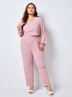 Long Plain Long Sleeve Tie Front Plus Size Jumpsuits 8355