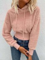 Casual Hooded Crop Baby Pink Women Sweatshirts 838