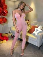 Spaghetti Strap Long Baby Pink Women Jumpsuits  Bodysuits 8931