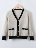 Casual Colorblock Beige Contrast Binding Girls Clothing 2666