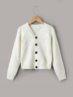 Beige Casual Button Front Long Sleeve Girls Cardigans 173