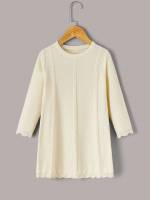 Beige Long Round Neck Plain Toddler Girls Knitwear 5324